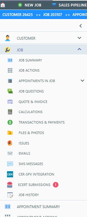 The eCert Submissions tab on a job, showing the pending badge