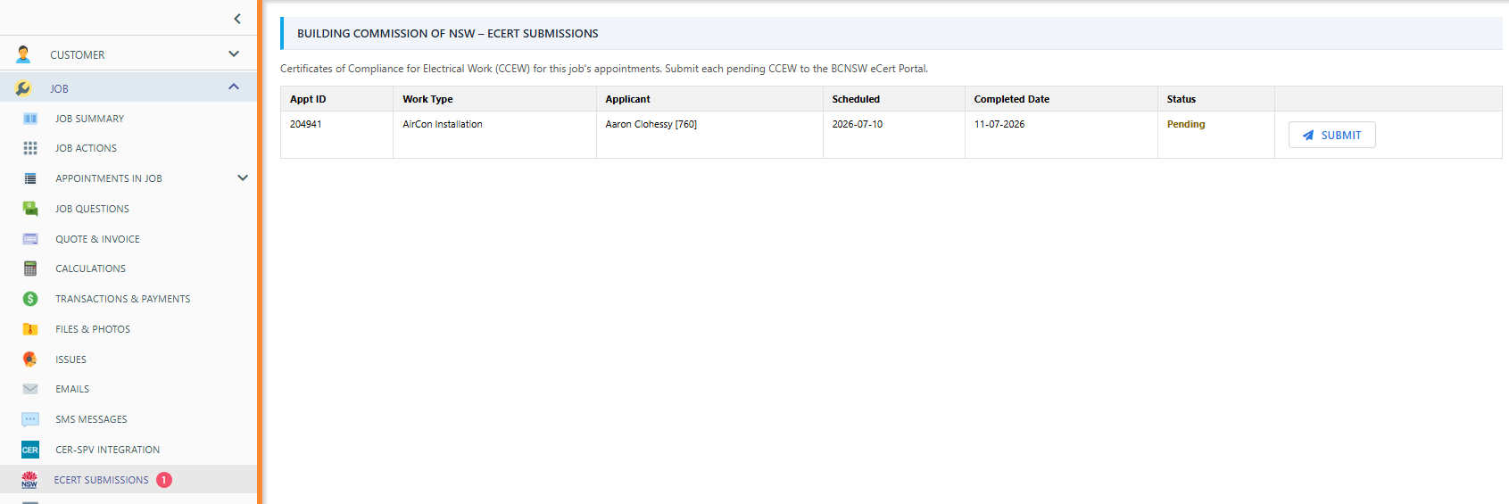 The eCert Submissions list with pending and submitted rows