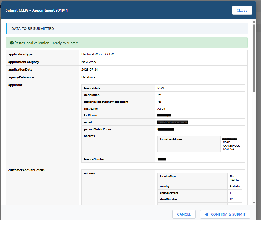The Submit CCEW window, showing the data to be submitted