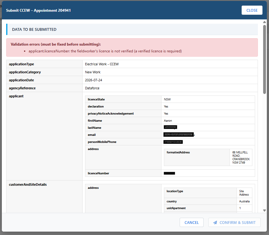 The preview showing validation errors that must be fixed before submitting