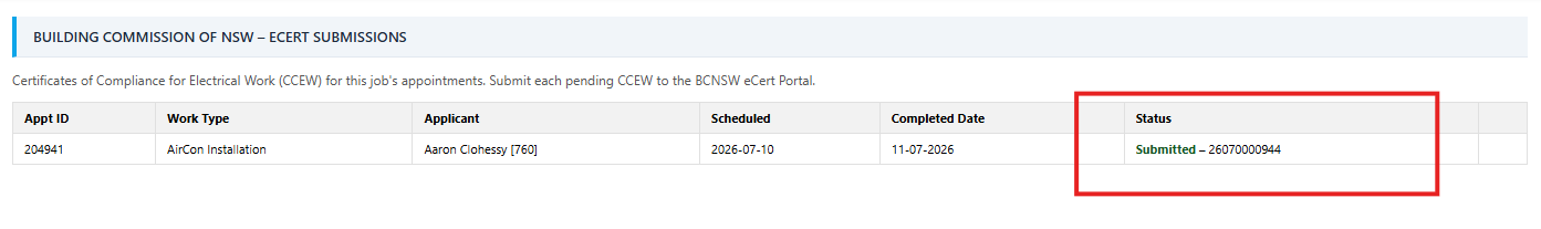 A submitted row showing the BCNSW certificate reference number