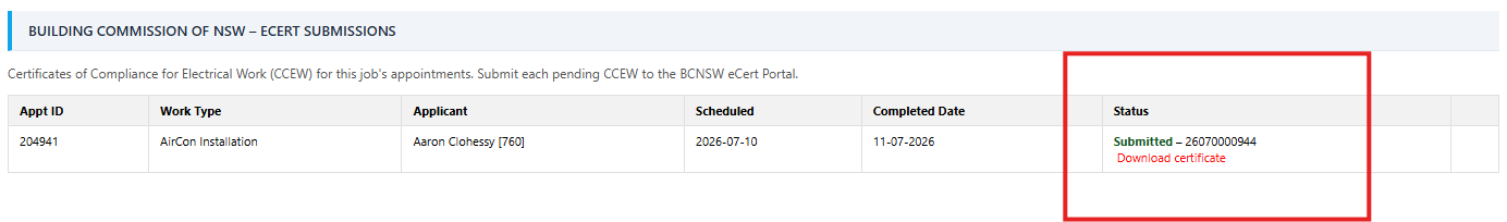 The Download certificate link on a submitted row