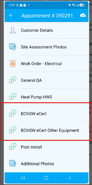 The two BCNSW eCert tabs on the appointment in Runabout