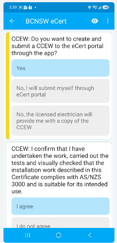 The first CCEW questions: create/submit choice and the declaration