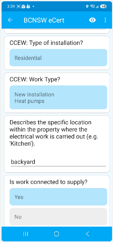 Installation type, work type, work location and connected-to-supply questions