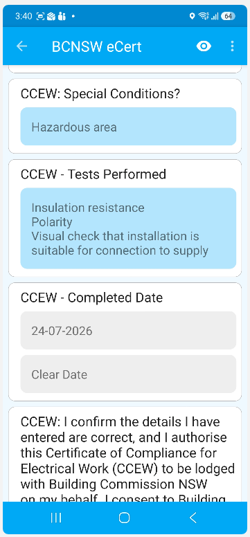 Special conditions, tests performed, completed date and the authorisation
