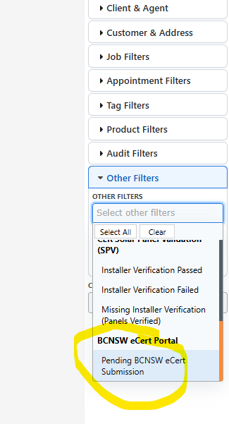 The Pending BCNSW eCert Submission option under Other Filters