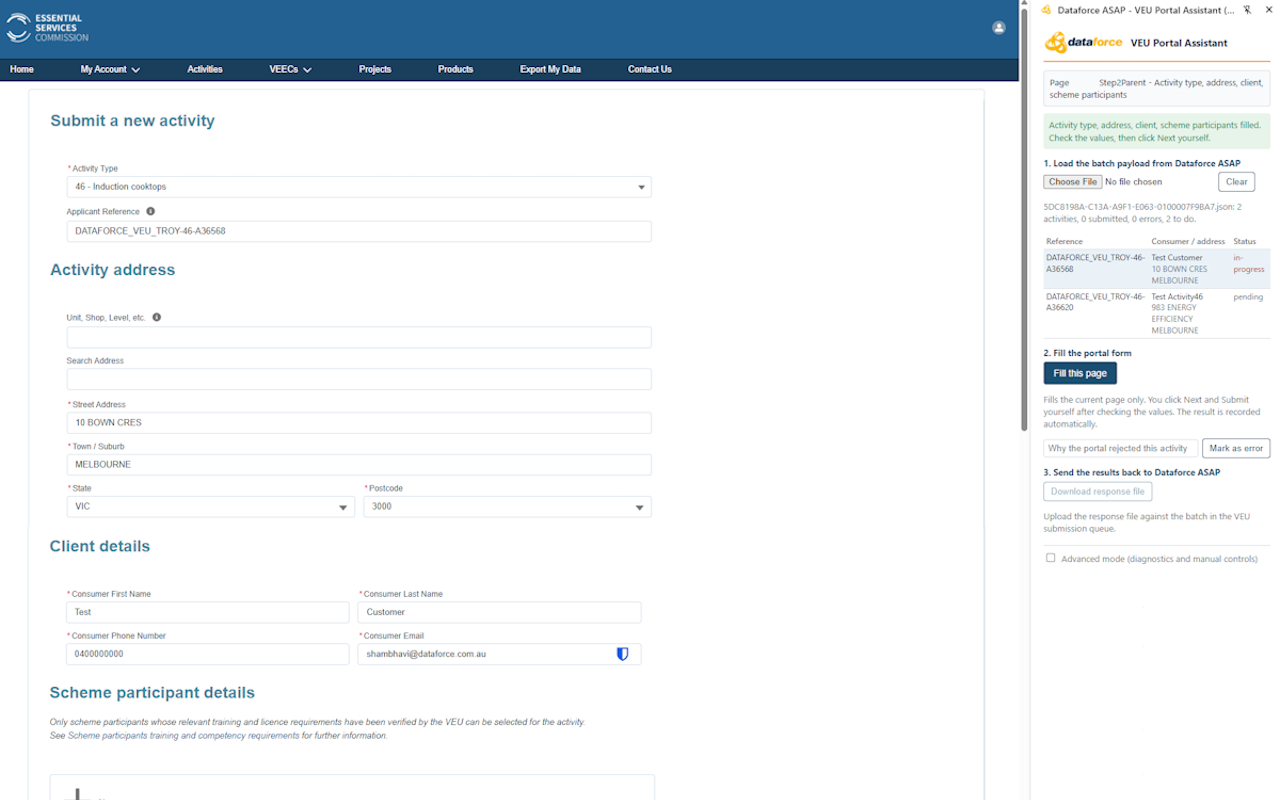 Activity type, address and consumer details filled