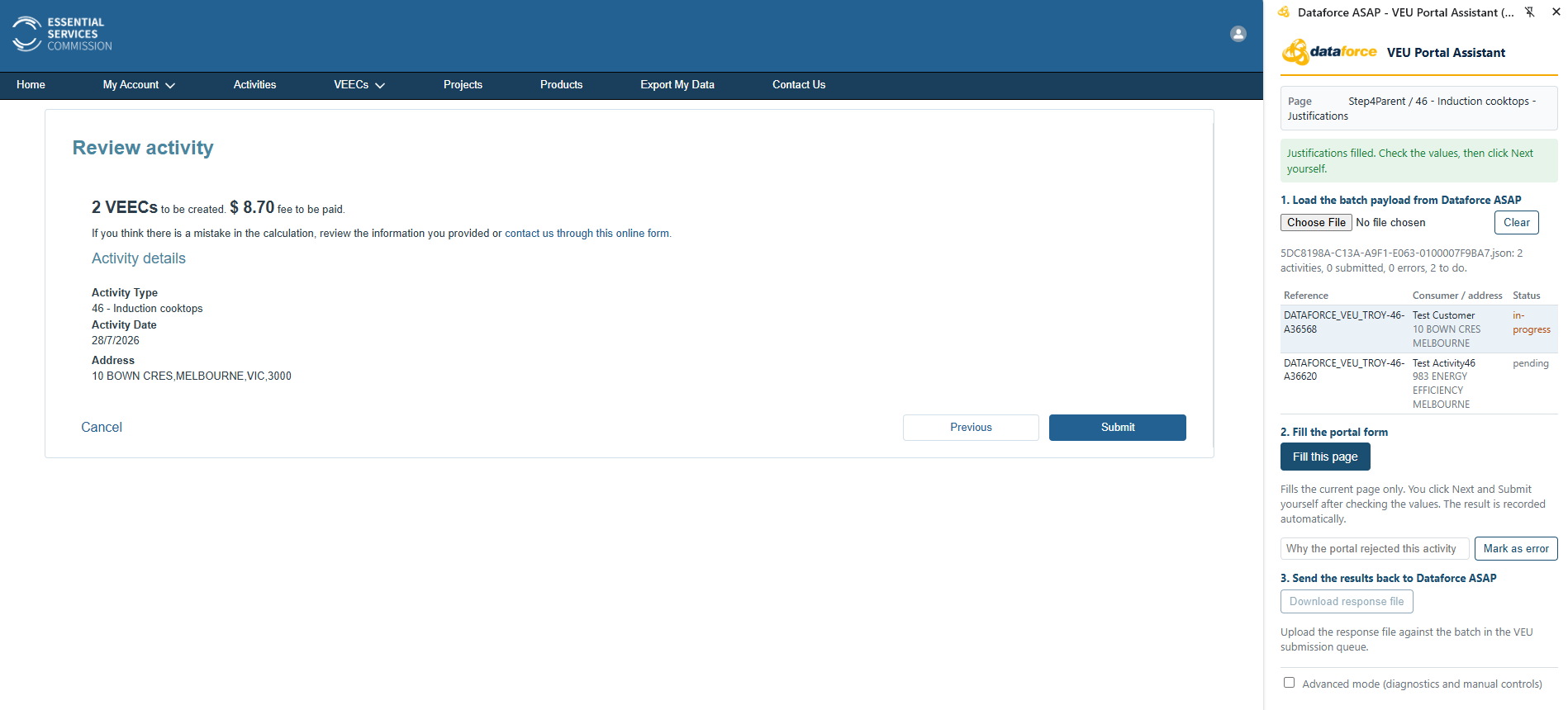 Review page with the VEEC count