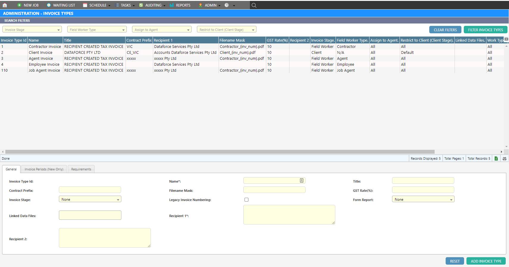 Invoice Types Screen